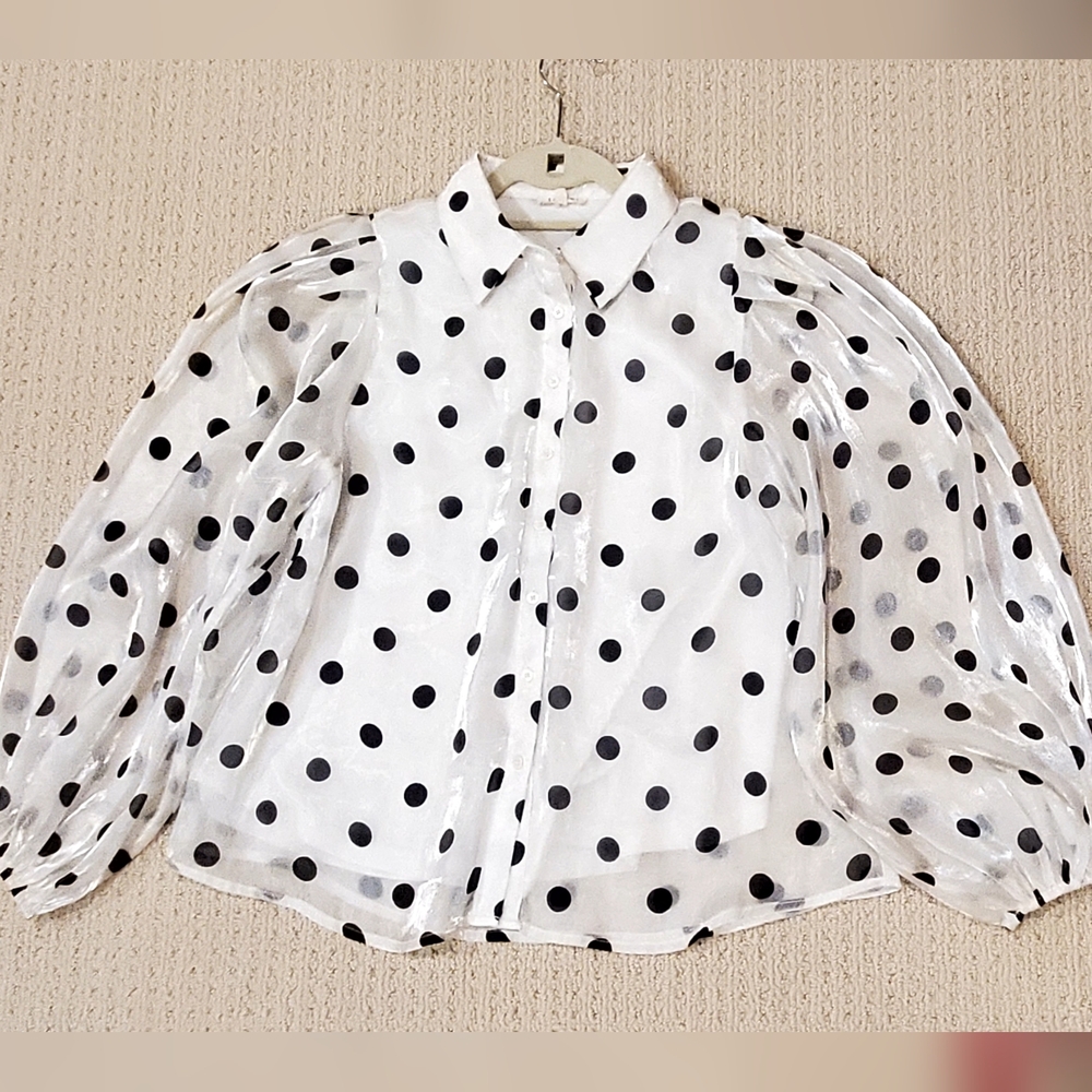JODIFL White/Black Polka Dot Sheer Bubble Sleeve Collared Blouse Top, Small, NEW